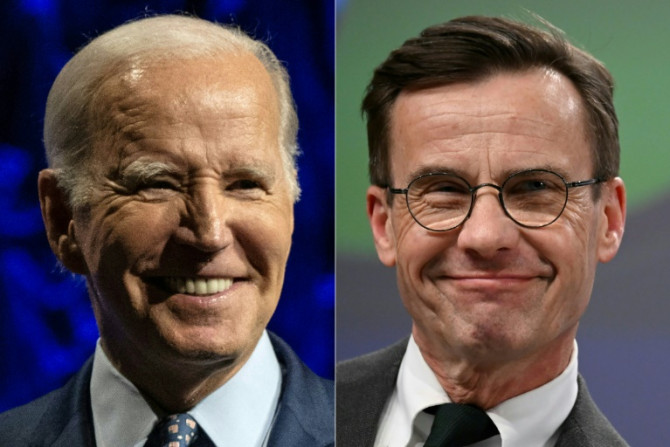 Diese Kombination aus Aktenfotos zeigt (v.l.n.r.) US-Präsident Joe Biden in Washington am 14. Juni 2023 und Schwedens Premierminister Ulf Kristersson am 20. März 2023 im Hauptquartier der Europäischen Union in Brüssel